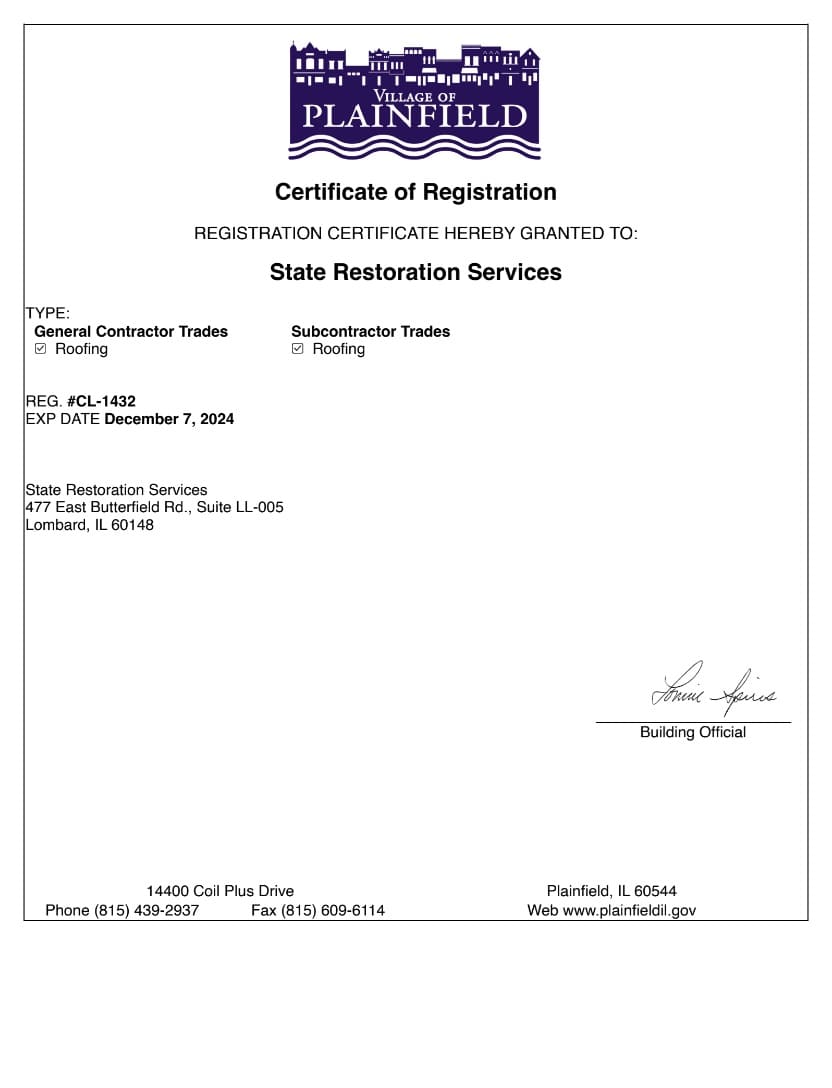 General Contractors License Village of  Plainfield - State Restoration Services